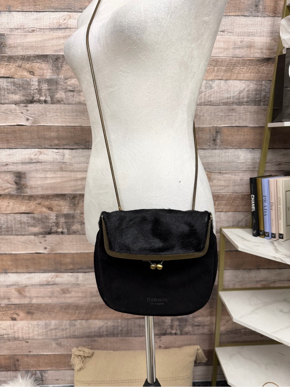 Hammitt LA Black Suede & Gold Clutch w/ Cord OS